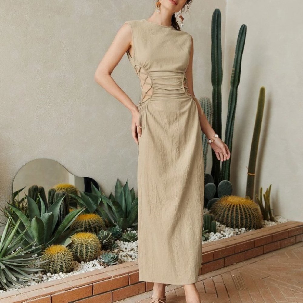 KAHKI RUNCHED LACE UP WAIST SPLIT HEM MAXI DRESS SUMMER BOHO CHIC - Picture 5 of 6
